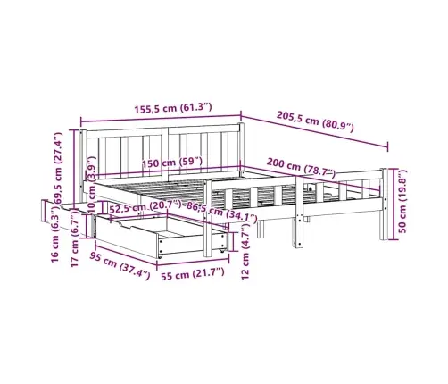 Gulta Bez Matrača, Balts, 150X200 Cm, Priedes Masīvkoks Vidaxl