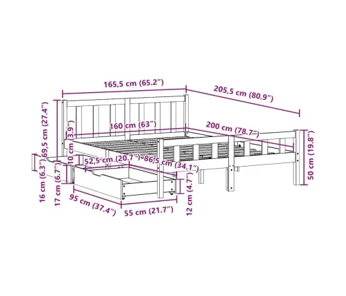 Gulta Bez Matrača, Balts, 160X200 Cm, Priedes Masīvkoks Vidaxl