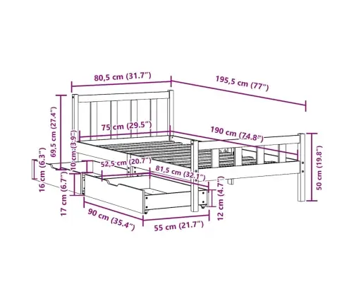 Gulta Bez Matrača, Vaska Brūnas, 90X190 Cm, Priedes Masīvkoks Vidaxl