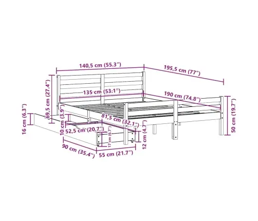 Gulta Bez Matrača, 135X190 Cm, Priedes Masīvkoks Vidaxl