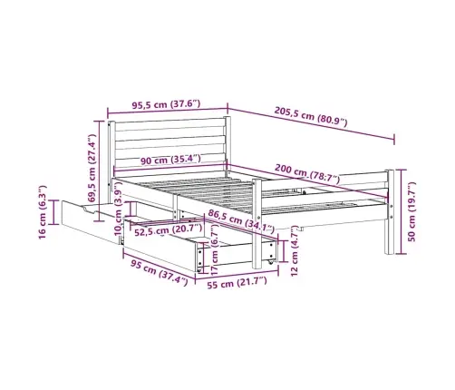 Voodiraam Ilma Madratsita, 90 X 200 cm Männipuit