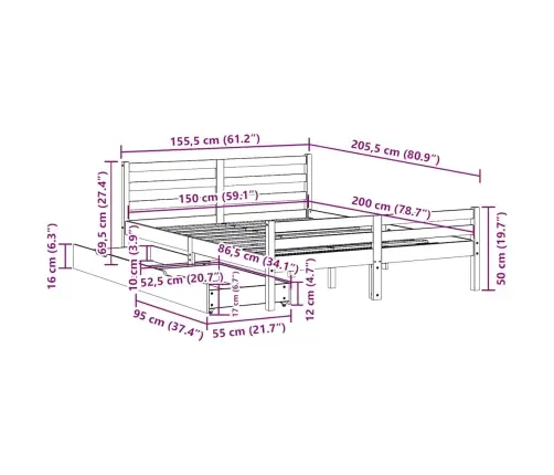 Lovos Rėmas Be Čiužinio, 150X200cm Pušies Medienos Masyvas