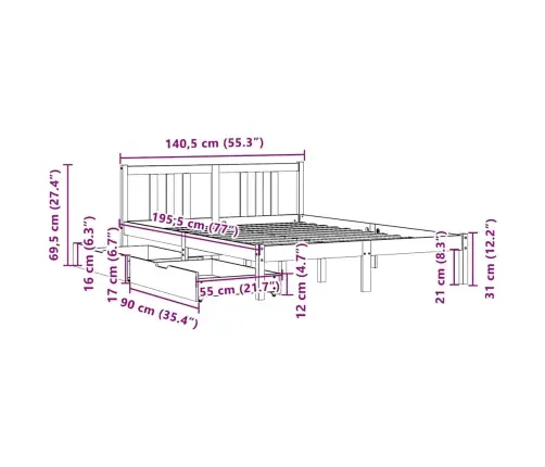 Gulta Bez Matrača, 135X190 Cm, Priedes Masīvkoks Vidaxl