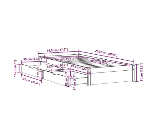 Lovos Rėmas Be Čiužinio, 90X200cm Pušies Medienos Masyvas