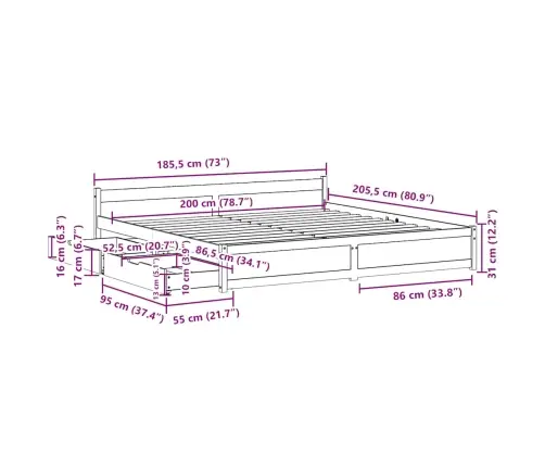 Voodiraam Ilma Madratsita, 180 X 200 cm Männipuit
