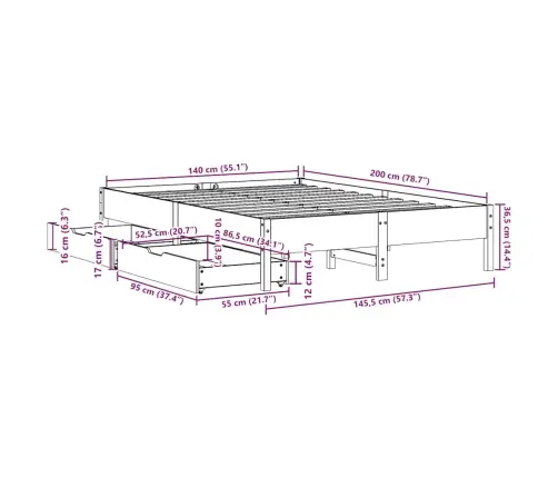 Voodiraam Ilma Madratsita, Vahapruun, 140 X 200 cm Männipuit