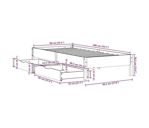Voodiraam Ilma Madratsita, 90 X 200 cm Männipuit