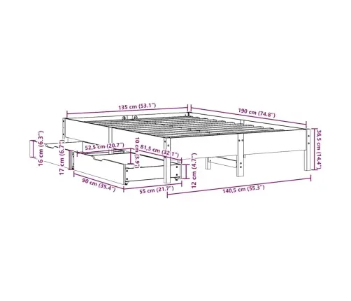 Gulta Bez Matrača, Vaska Brūnas, 135X190 Cm, Priedes Masīvkoks Vidaxl