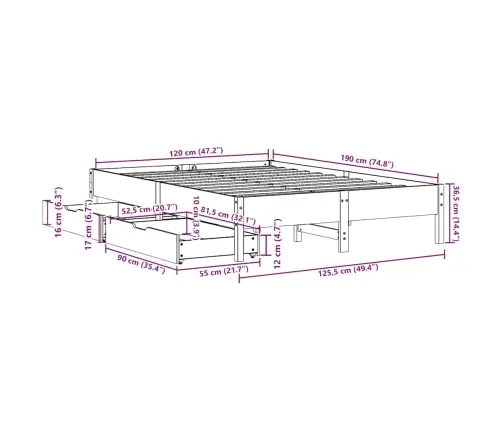 Voodiraam Ilma Madratsita, Vahapruun, 120 X 190 cm Männipuit