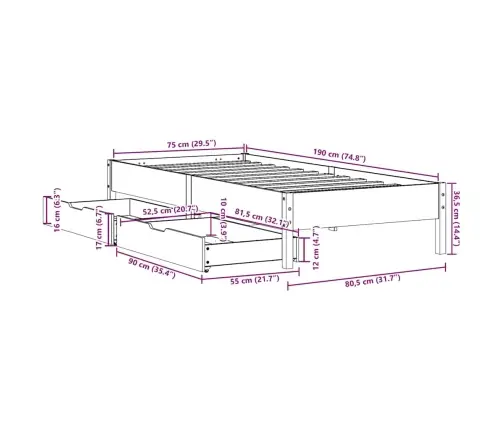 Voodiraam Ilma Madratsita, 75 X 190 cm Männipuit