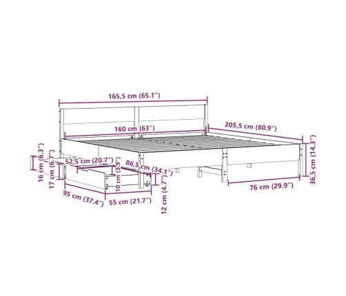 Gulta Bez Matrača, Vaska Brūnas, 160X200 Cm, Priedes Masīvkoks Vidaxl