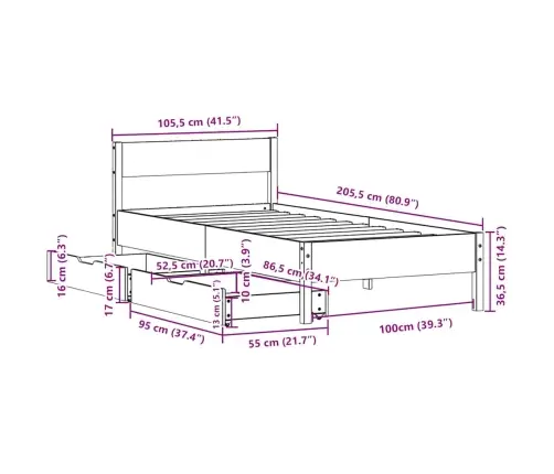Gulta Bez Matrača, Vaska Brūna, 100X200 Cm, Priedes Masīvkoks Vidaxl