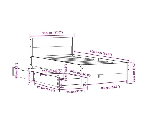 Voodiraam Ilma Madratsita, Valge, 90 X 200 cm Männipuit