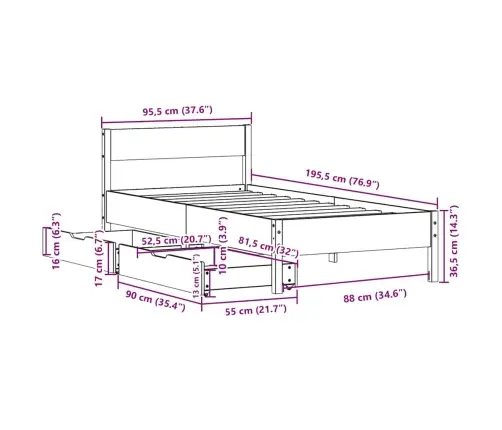 Voodiraam Ilma Madratsita, Vahapruun, 90 X 190 cm Männipuit