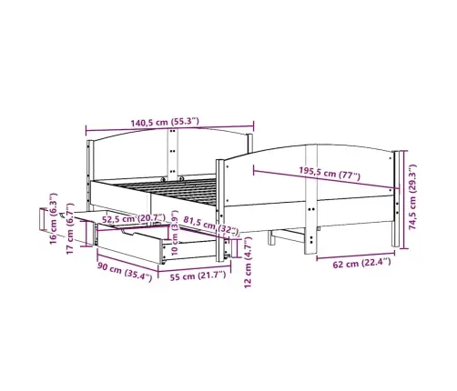 Gulta Bez Matrača, Balts, 135X190 Cm, Priedes Masīvkoks Vidaxl