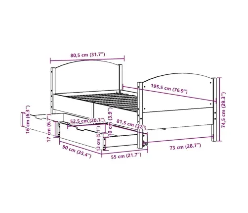 Voodiraam Ilma Madratsita, Valge, 75 X 190 cm Männipuit