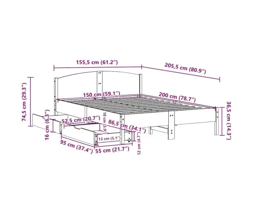 Lovos Rėmas Be Čiužinio, 150X200cm Pušies Medienos Masyvas