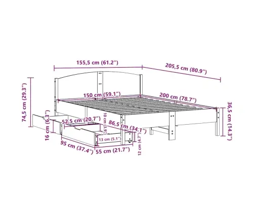 Gulta Bez Matrača, Vaska Brūnas, 150X200 Cm, Priedes Masīvkoks Vidaxl