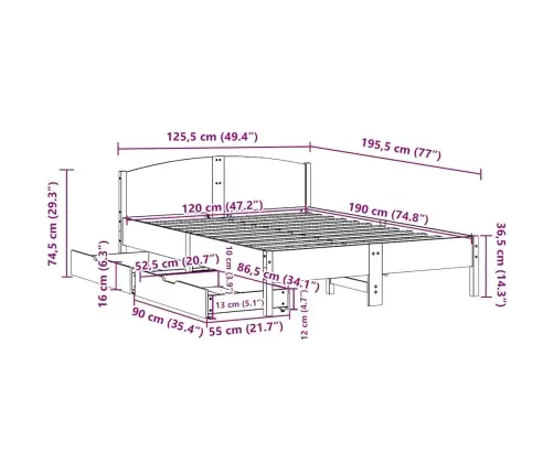Voodiraam Ilma Madratsita, 120 X 190 cm Männipuit