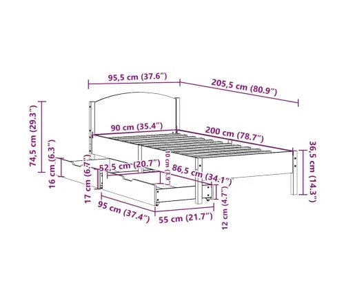 Gulta Bez Matrača, Vaska Brūnas, 90X200 Cm, Priedes Masīvkoks Vidaxl
