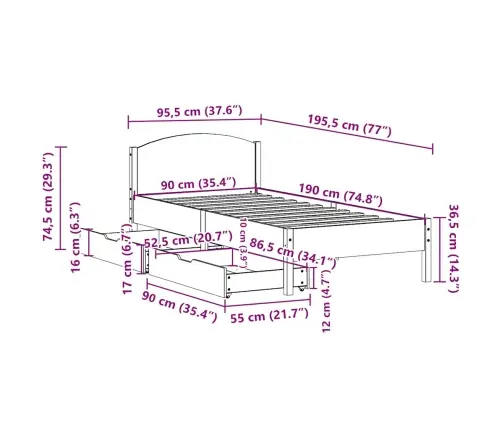 Voodiraam Ilma Madratsita, Vahapruun, 90 X 190 cm Männipuit