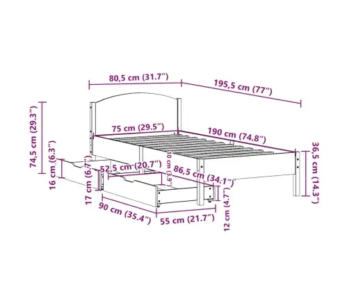 Voodiraam Ilma Madratsita, Vahapruun, 75 X 190 cm Männipuit