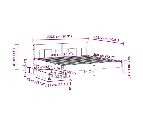 Voodiraam Ilma Madratsita, Valge, 200 X 200 cm Männipuit