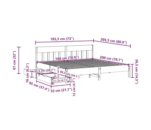 Gulta Bez Matrača, Balts, 180X200 Cm, Priedes Masīvkoks Vidaxl