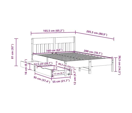 Gulta Bez Matrača, Balts, 160X200 Cm, Priedes Masīvkoks Vidaxl