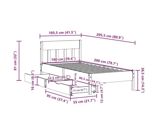 Gulta Bez Matrača, Balts, 100X200 Cm, Priedes Masīvkoks Vidaxl