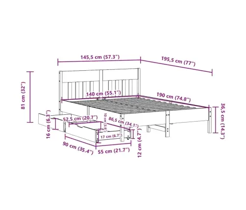 Gulta Bez Matrača, Balts, 140X190 Cm, Priedes Masīvkoks Vidaxl