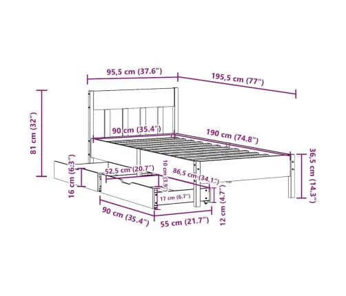 Voodiraam Ilma Madratsita, Vahapruun, 90 X 190 cm Männipuit