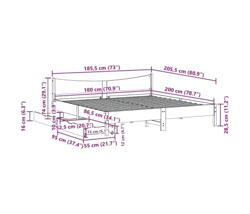 Gultas Rāmis Ar Atvilktnēm, 180X200 Cm, Priedes Masīvkoks Vidaxl