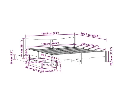 Voodiraam Sahtlitega, Valge, 180 X 200 cm Männipuit
