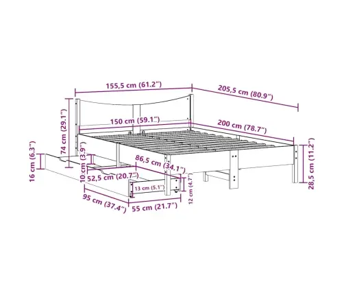 Voodiraam Sahtlitega, 150 X 200 cm Männipuit