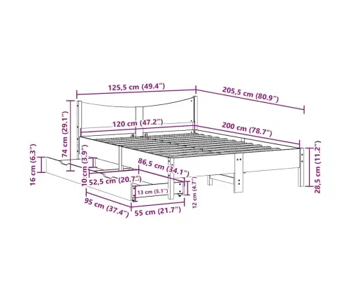 Gultas Rāmis Ar Atvilktnēm, 120X200 Cm, Priedes Masīvkoks Vidaxl