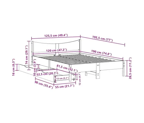 Lovos Rėmas Su Stalčiais, Baltas, 120X190cm Pušies Masyvas