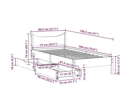Gultas Rāmis Ar Atvilktnēm, 75X190 Cm, Priedes Masīvkoks Vidaxl