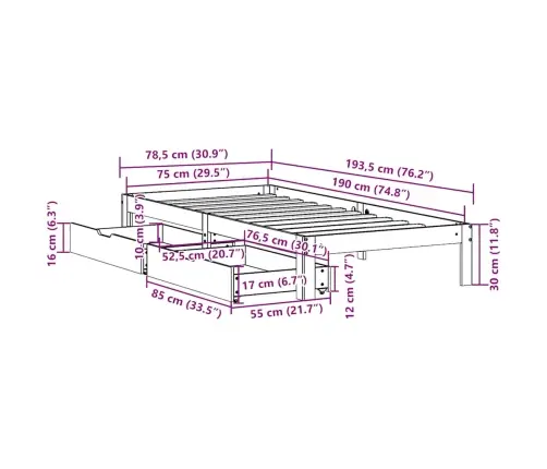 Gultas Rāmis Ar Atvilktnēm, Bez Matrača, Balts, 75X190 Cm Vidaxl