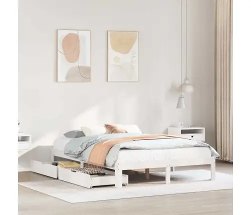 Lovos Rėmas Su Stalčiais, Baltas, 150X200cm Pušies Masyvas