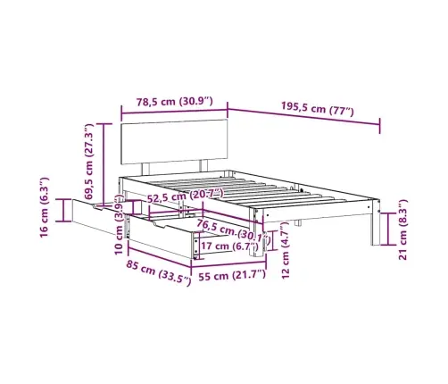 Gultas Rāmis Ar Atvilktnēm, Bez Matrača, 75X190 Cm Vidaxl