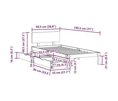 Gultas Rāmis Ar Atvilktnēm, Bez Matrača, 90X190 Cm Vidaxl
