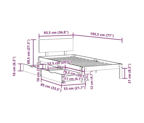Lovos Rėmas Su Stalčiais, Baltas, 90X190cm Pušies Masyvas