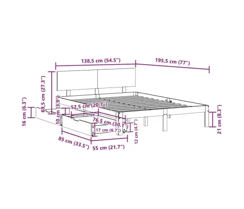 Gultas Rāmis Ar Atvilktnēm, Bez Matrača, Balts, 135X190 Cm Vidaxl