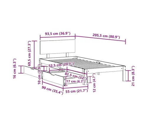 Gultas Rāmis Ar Atvilktnēm, Bez Matrača, 90X200 Cm Vidaxl