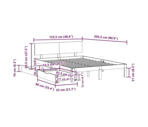 Lovos Rėmas Su Stalčiais, Baltas, 120X200cm Pušies Masyvas
