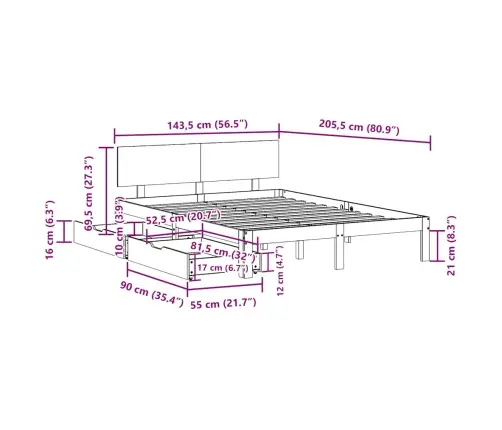 Gultas Rāmis Ar Atvilktnēm, Bez Matrača, Balts, 140X200 Cm Vidaxl