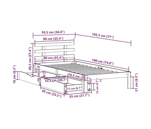 Sahtlitega Voodiraam, Ilma Madratsita, 90X190 Cm