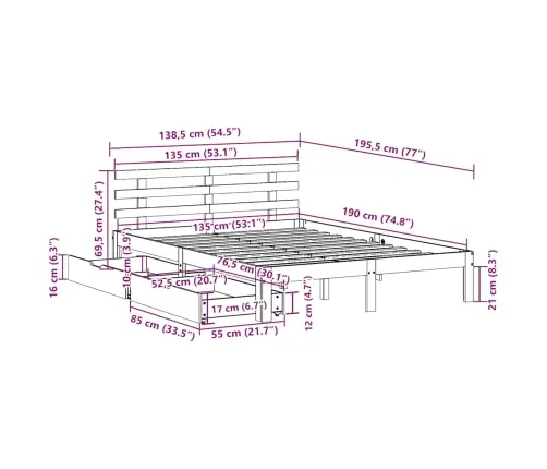 Sahtlitega Voodiraam, Ilma Madratsita, 135X190 Cm