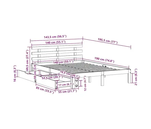 Gultas Rāmis Ar Atvilktnēm, Bez Matrača, 140X190 Cm Vidaxl